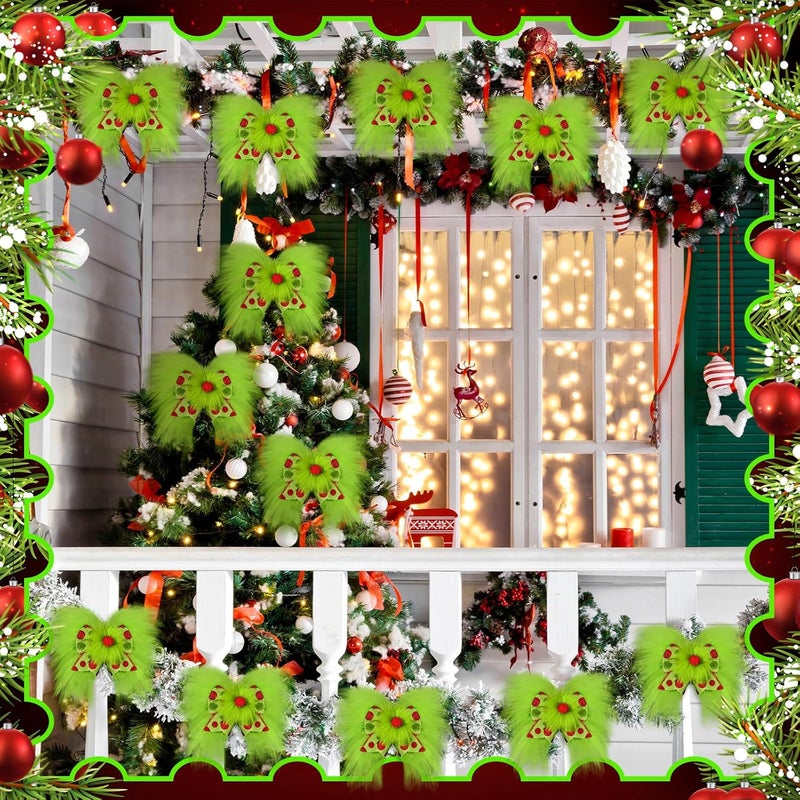 Knitgrip 12 Pcs Red Green Christmas Bows Christmas Tree Decoration Lime Green Wreaths Velvet Bow Tree Topper with Fluffy Ornaments for Xmas Party (Cute) - Image 5